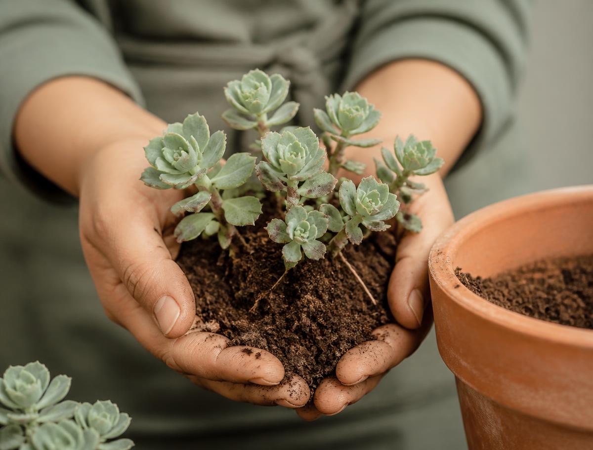 Hands holding soil with young sedum plants beside a terracotta pot
