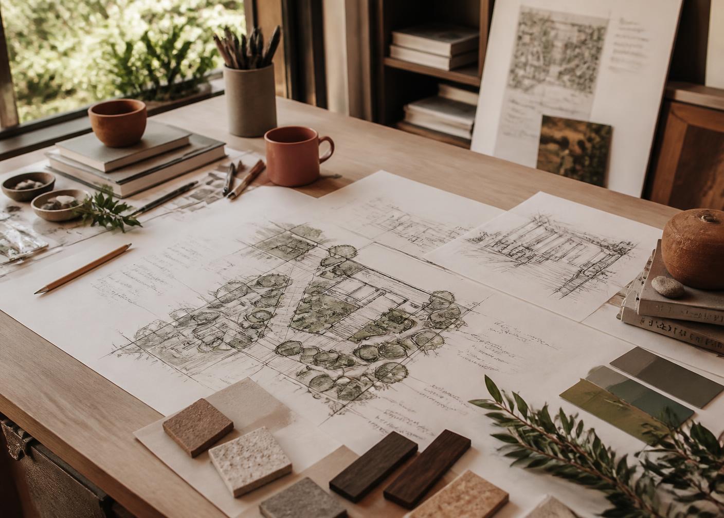 Studio desk with hand-drawn site plans, plant cuttings, and stone and timber material samples