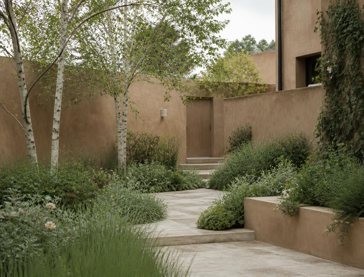 Residential courtyard with limestone paving, clay walls, and silver-leaved perennial beds