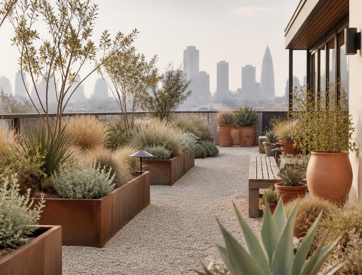 Rooftop terrace with weathering steel planters, gravel paths, and drought-tolerant grasses