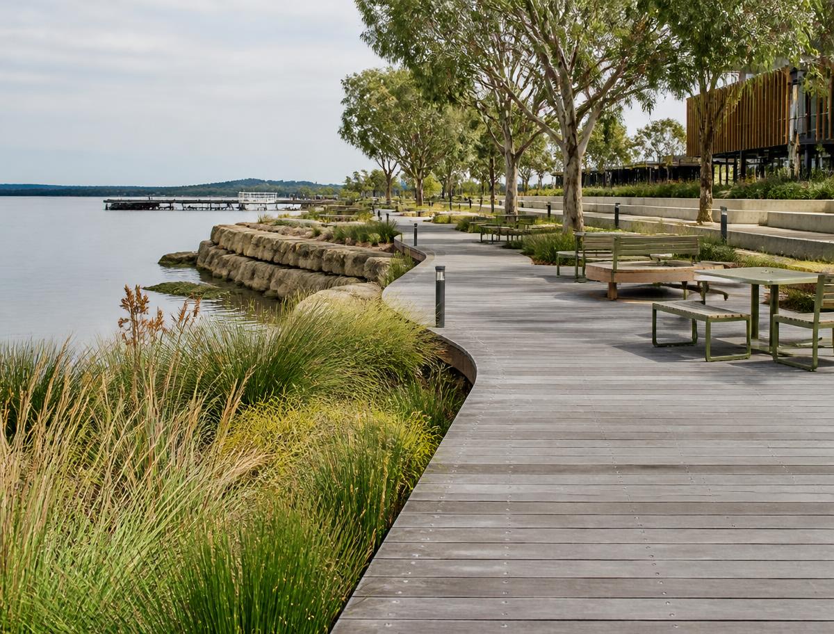 Waterfront promenade with timber boardwalk, stone edge, and native sedge planting